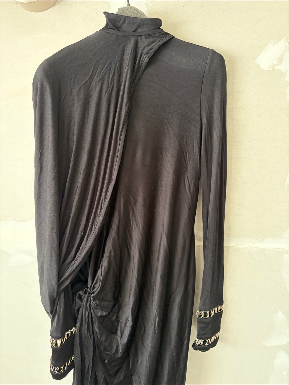 EUC Burberry Black Long-Sleeve Draped Dress with Chain Trim